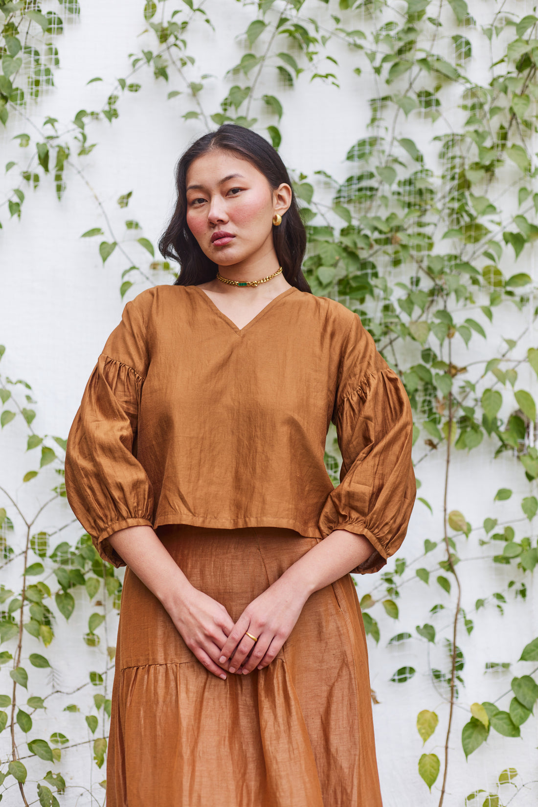 Brick Lane Blouse- Brown Cotton Silk