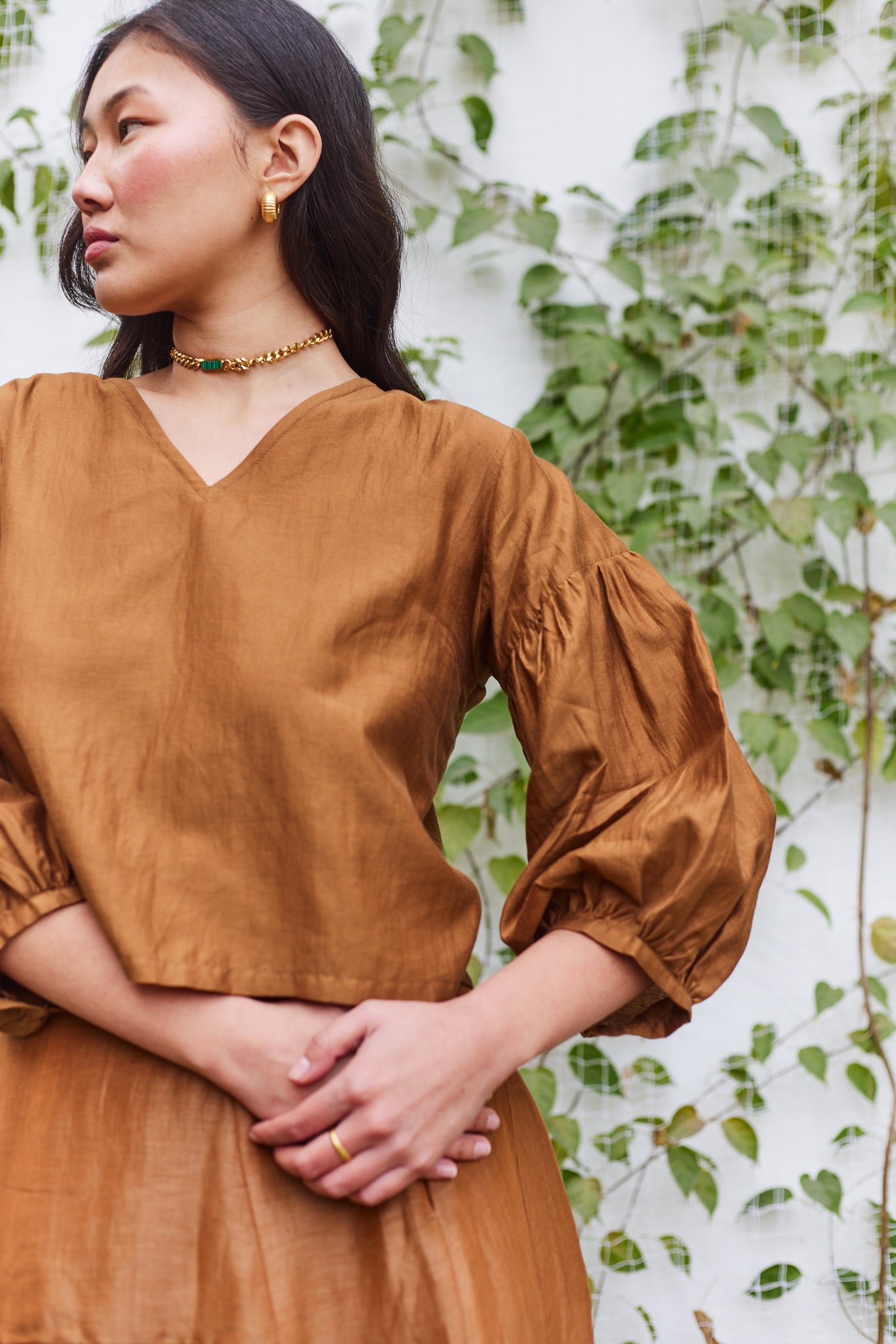 Brick Lane Blouse- Brown Cotton Silk