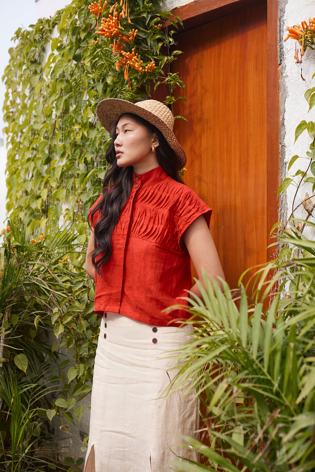 Shoreditch Shirt ( Brick ) and Beige Skirt set