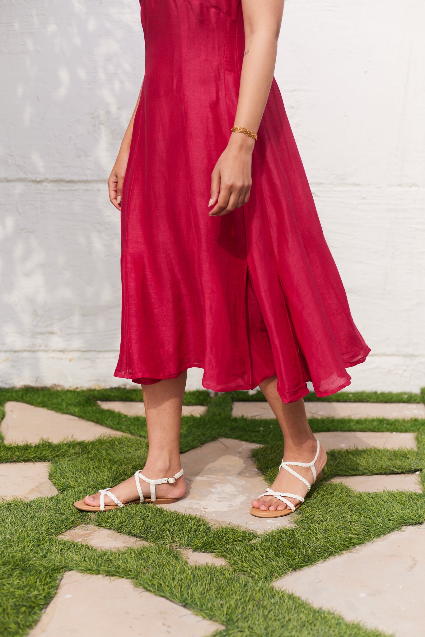 linen silk dress SilkLinen Puff-Sleeve Midi Dress dawnbacchus.com